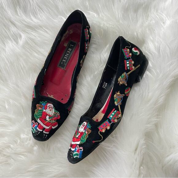 J.Renee Women’s Christmas Santa Reindeer Embroidered Black Flats Loafers Holiday - Picture 1 of 7